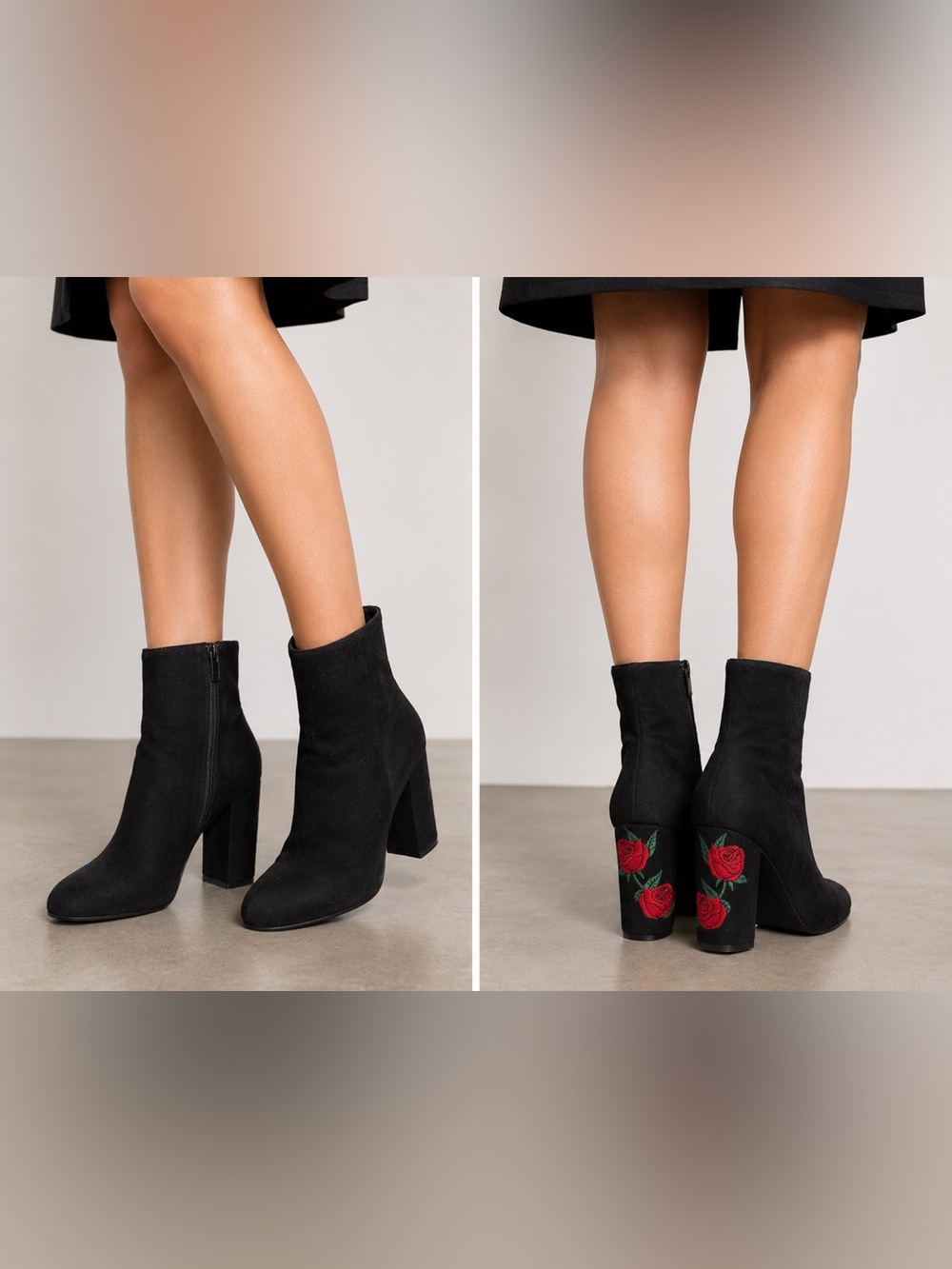 Wild Diva Black Suede-Look Ankle Boots Embroidered Rose Block Heel Size 10